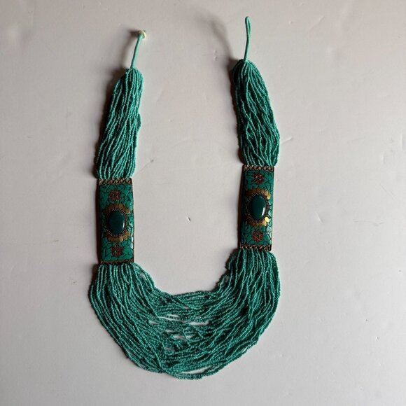 Handmade Beaded Statement Necklace – Teal & Brass Floral Inlay – Boho Style - Picture 2 of 2